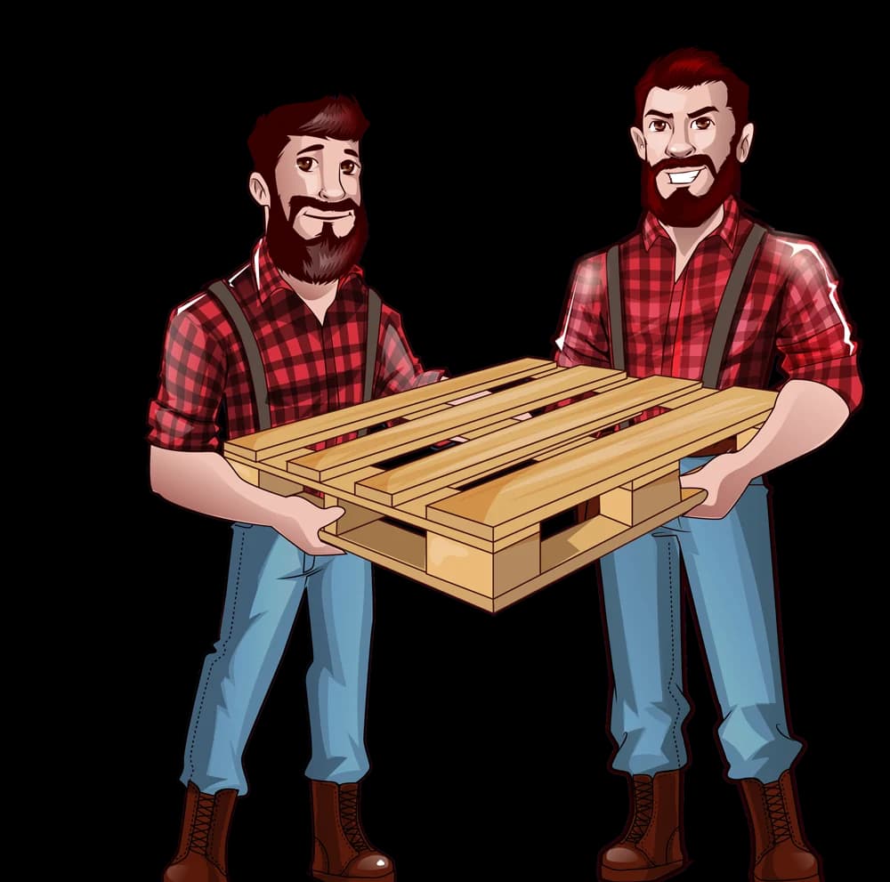 The Pallet Squad mascots, two pallet workers in red flannel shirts carrying a wooden pallet