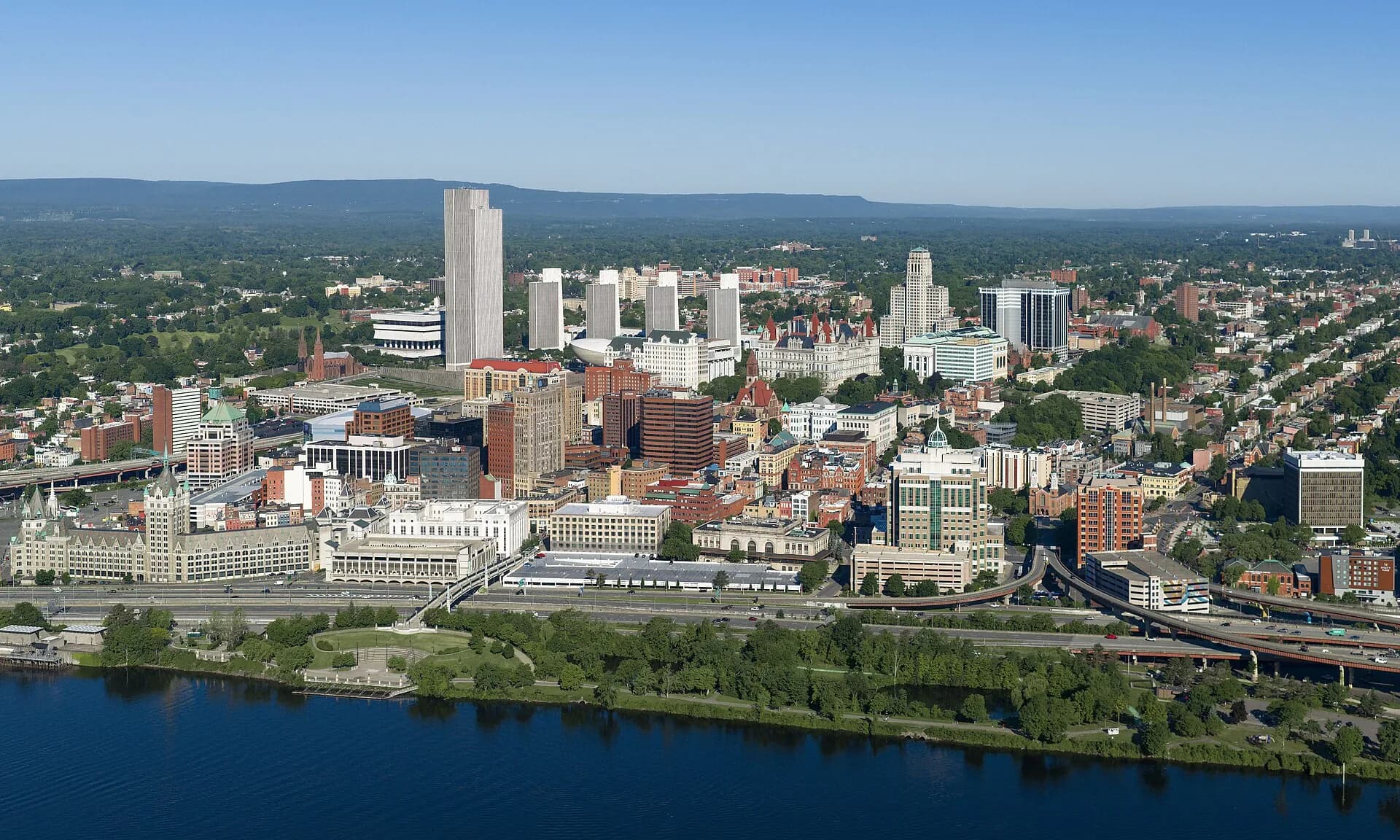Aerial of downtown and the Empire State Plaza over the Hudson in Albany, New York