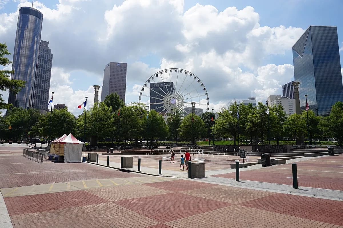 Centennial Olympic Park with skyline and ferris wheel in Atlanta, Georgia
