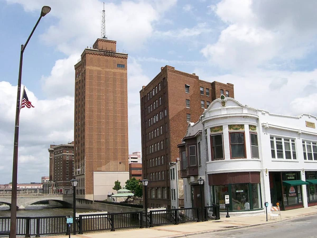 Leland Tower from Galena Boulevard downtown in Aurora, Illinois