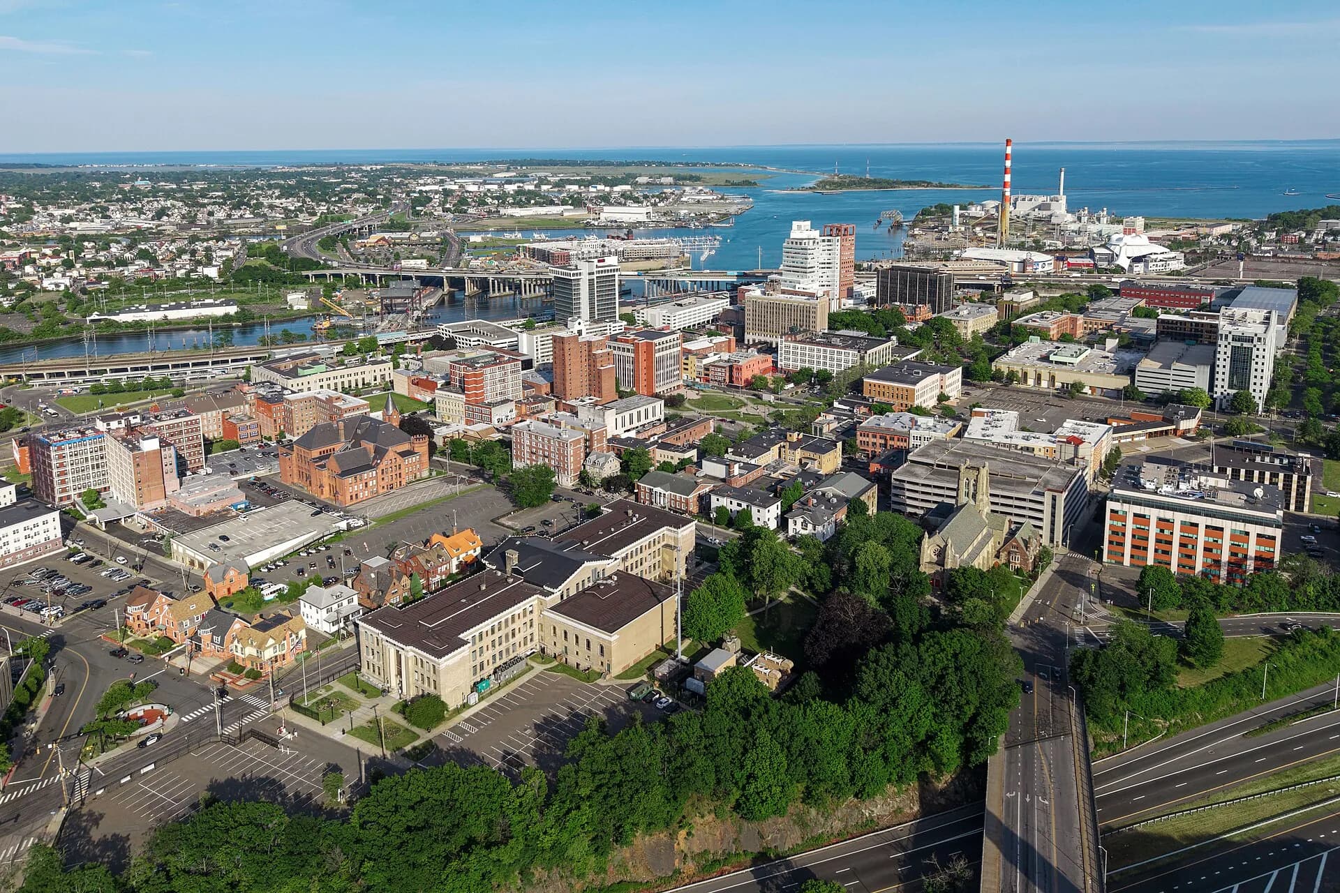 Aerial of downtown Bridgeport toward the harbor in Bridgeport, Connecticut