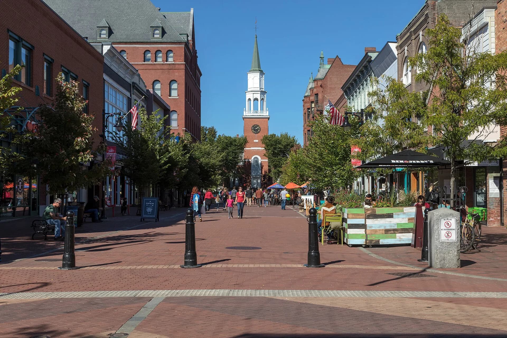 Church Street Marketplace with church steeple, wide daylight view in Burlington, Vermont