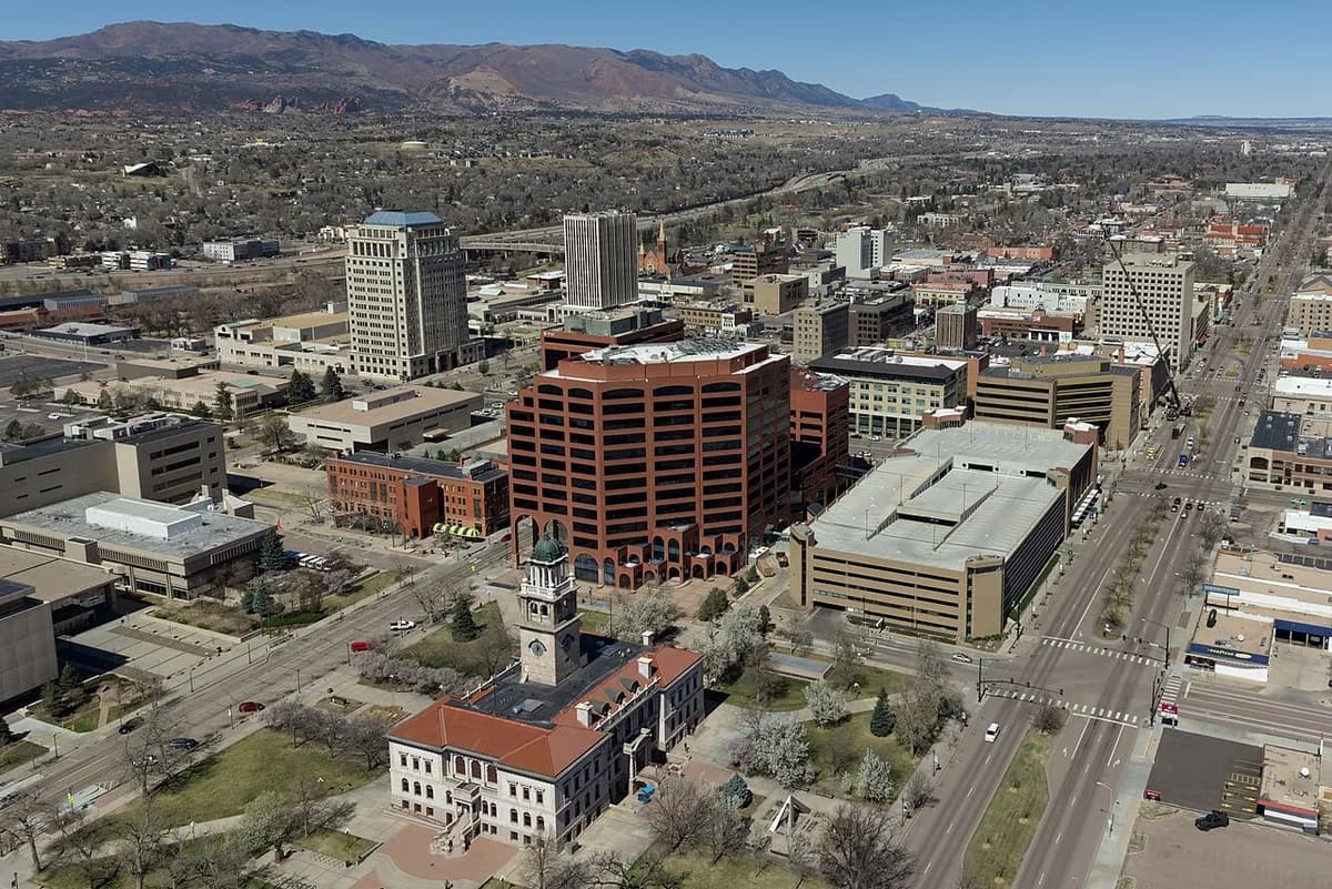 Elevated downtown view with mountains in Colorado Springs, Colorado
