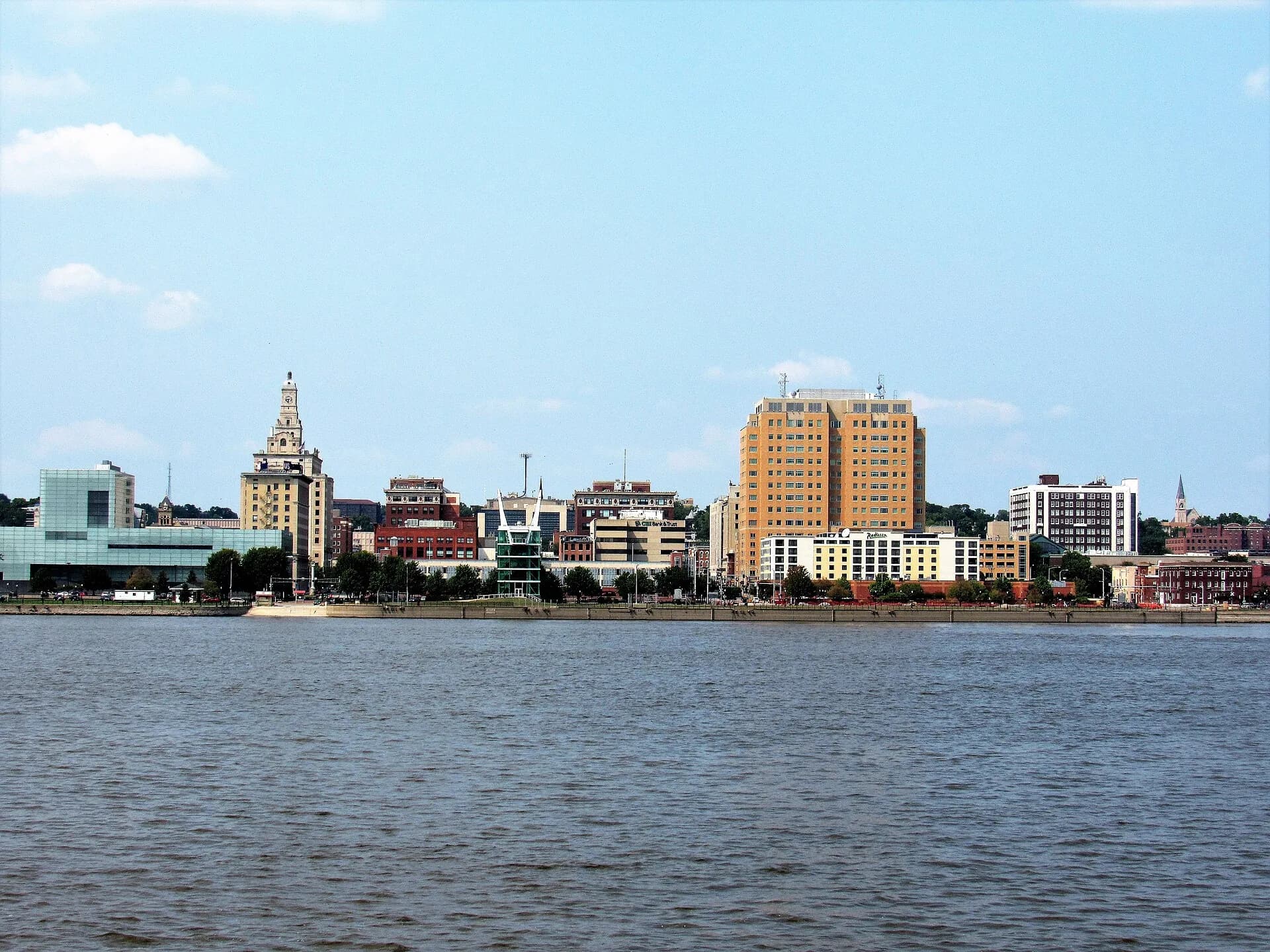 Wide riverfront skyline across the Mississippi in Davenport, Iowa