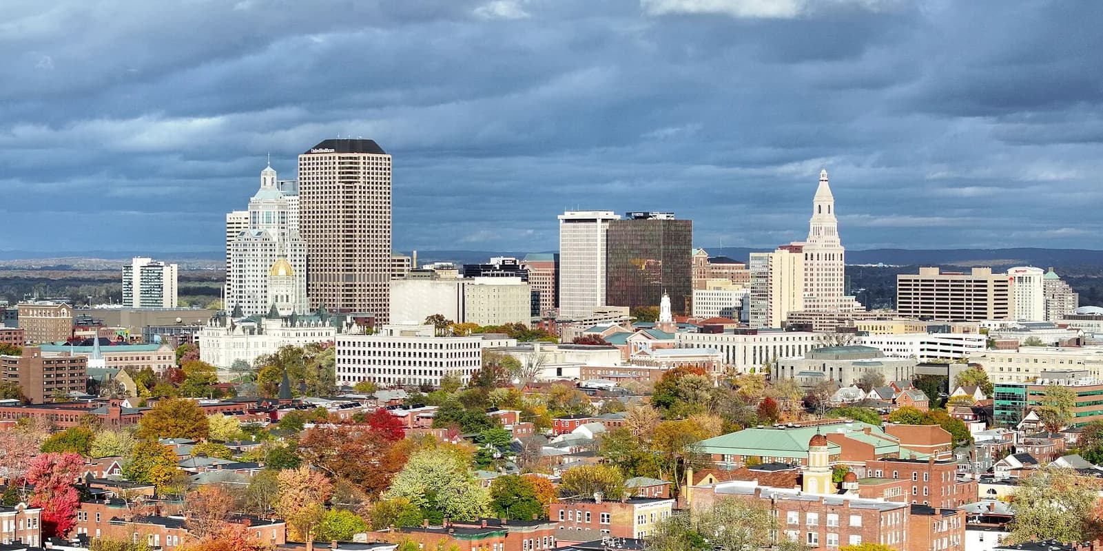 Downtown skyline with autumn foliage in Hartford, Connecticut