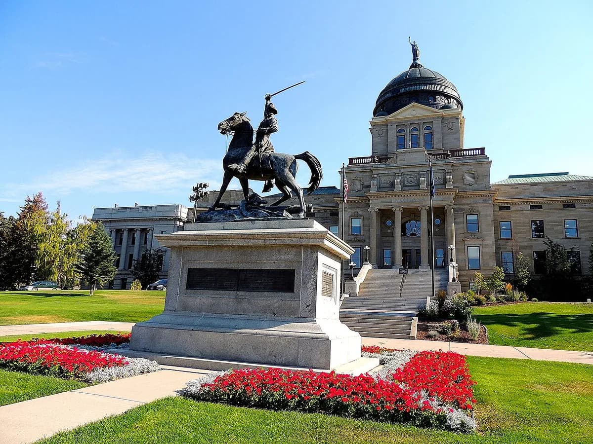 Montana State Capitol with equestrian statue in Helena, Montana