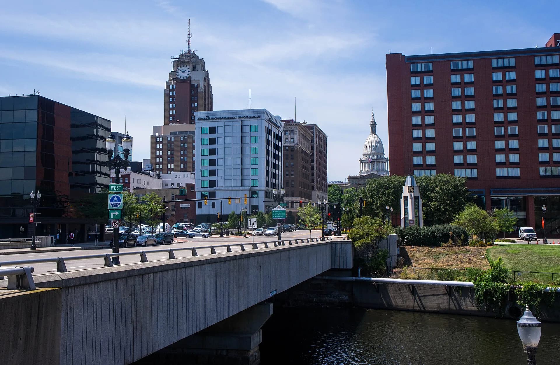 Downtown Lansing with capitol dome and river bridge in Lansing, Michigan