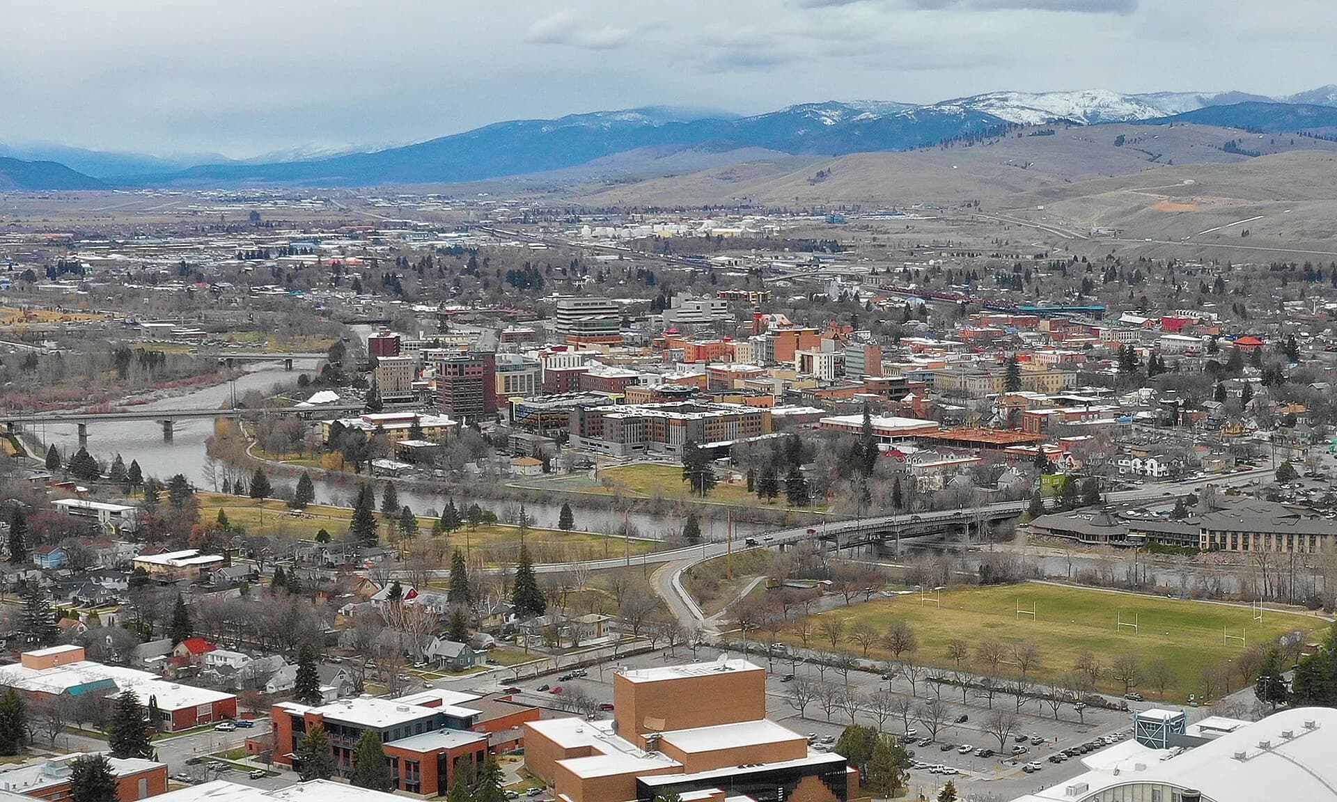 Wide city view with mountains in Missoula, Montana
