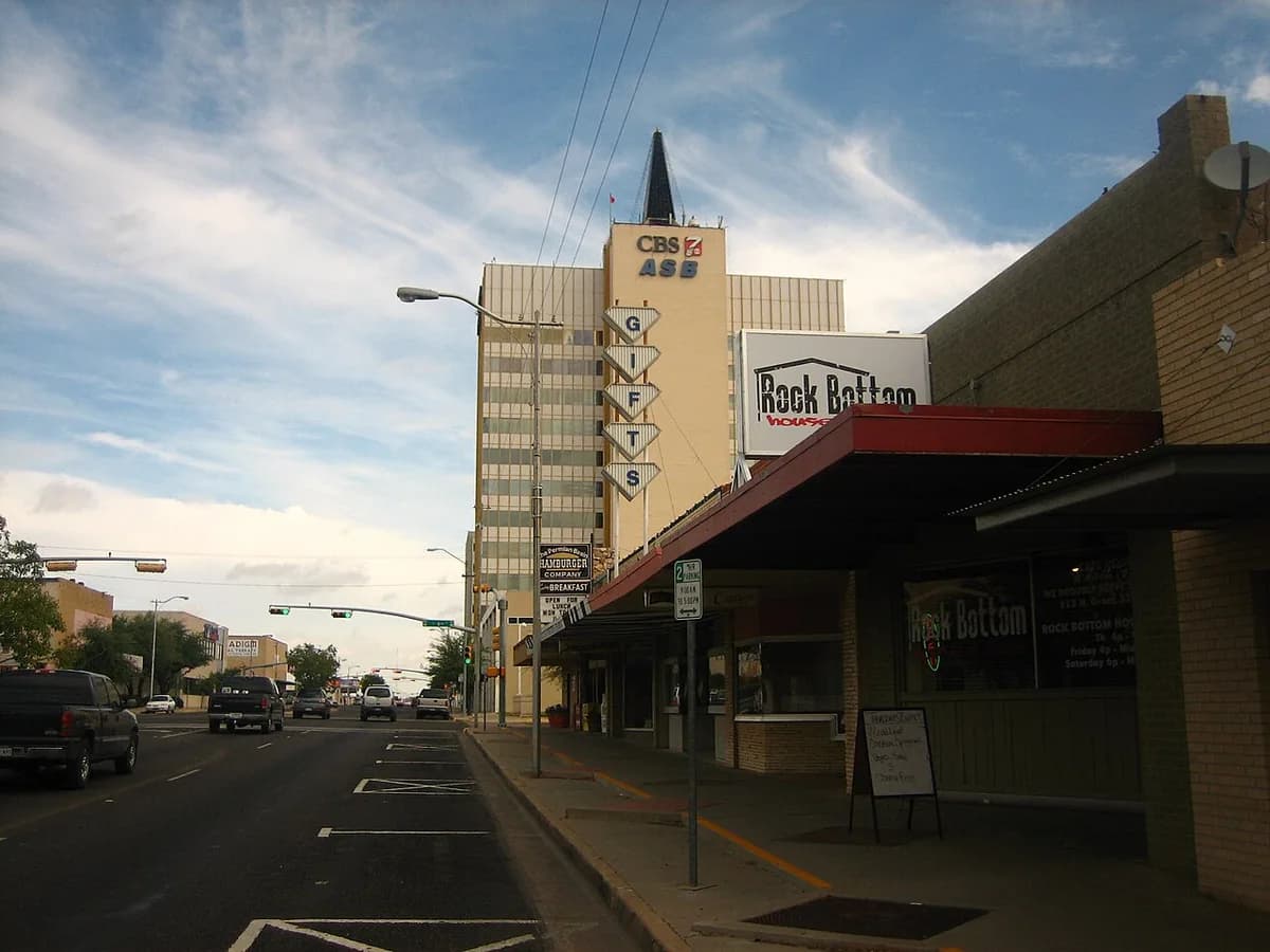Downtown street with historic tower in Odessa, Texas