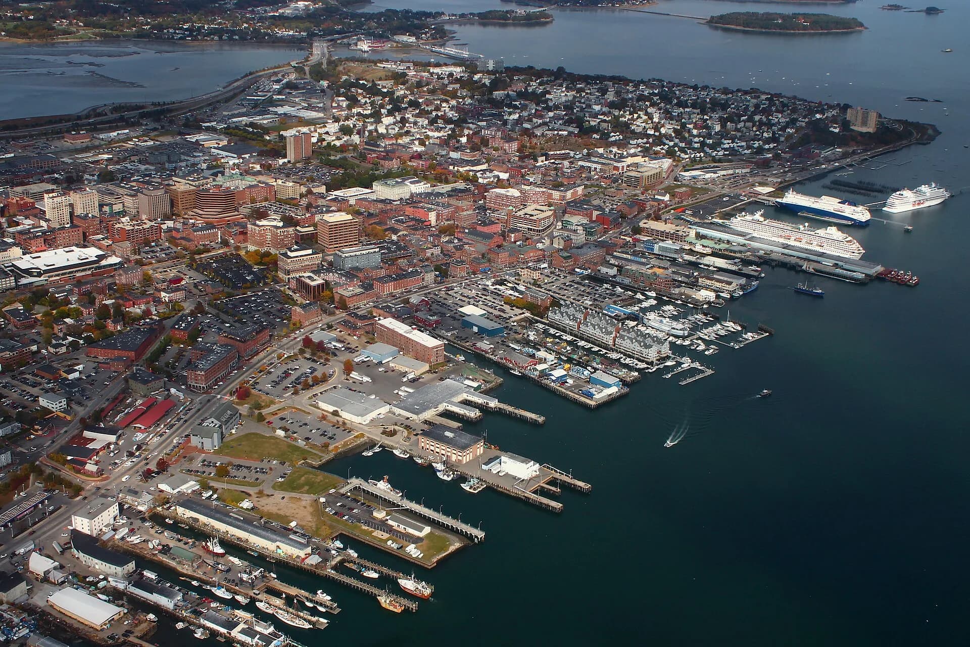 Drone view of peninsula and harbor in Portland, Maine
