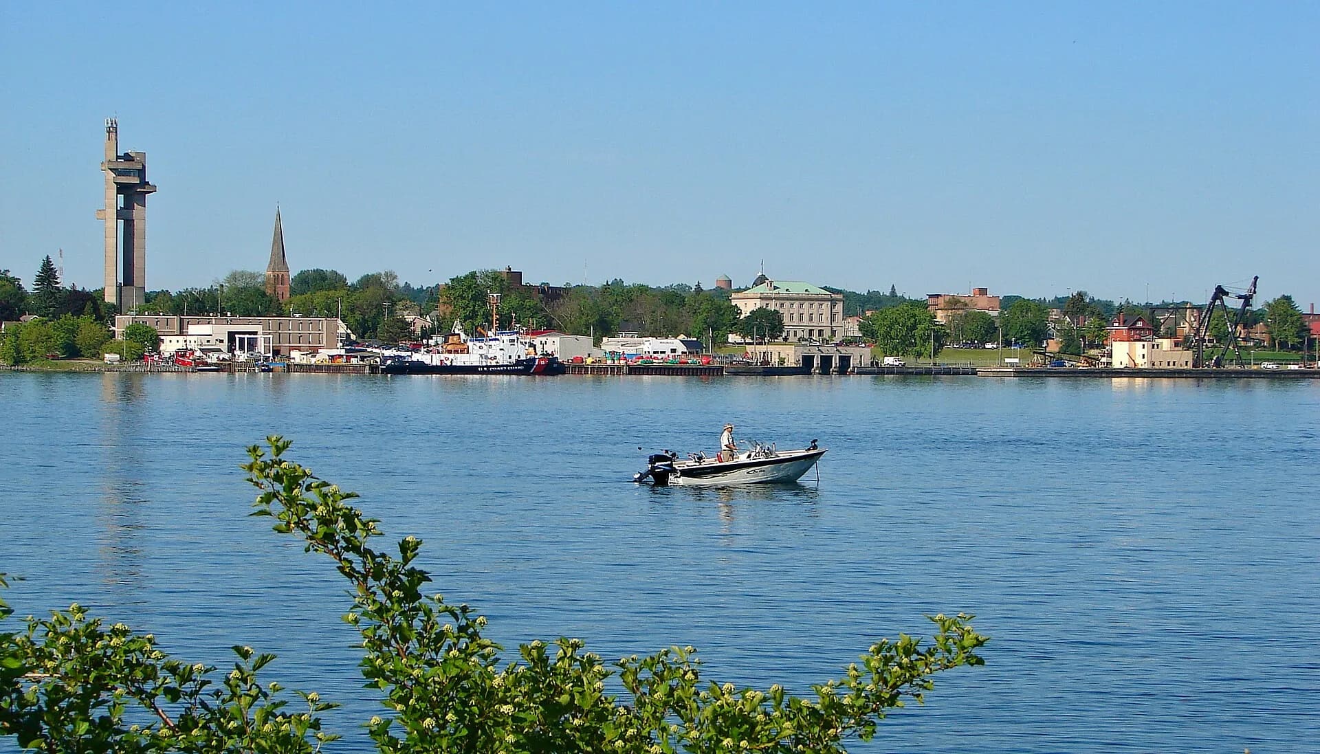 Waterfront skyline across St. Marys River in Sault Ste. Marie, Michigan