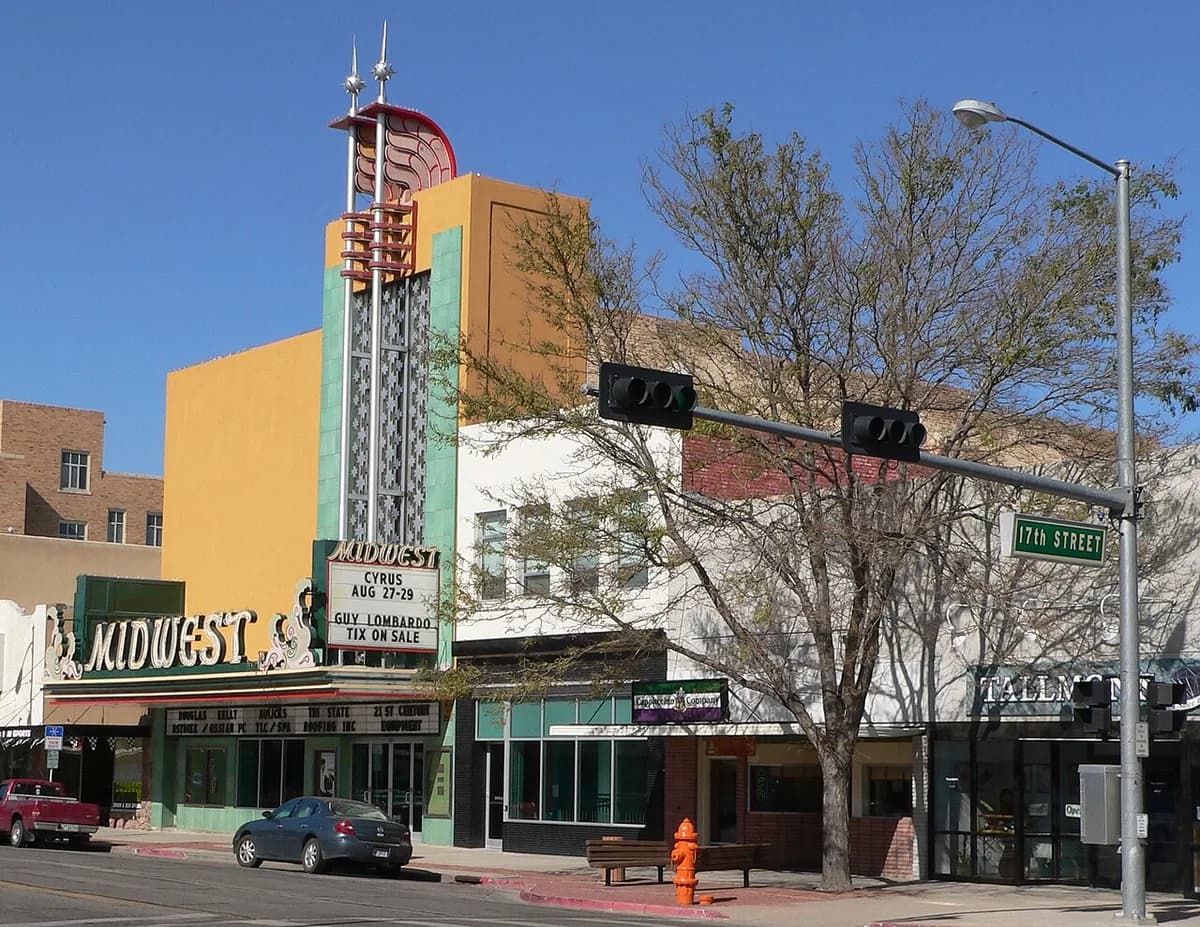 Midwest Theater art deco landmark on downtown street in Scottsbluff, Nebraska