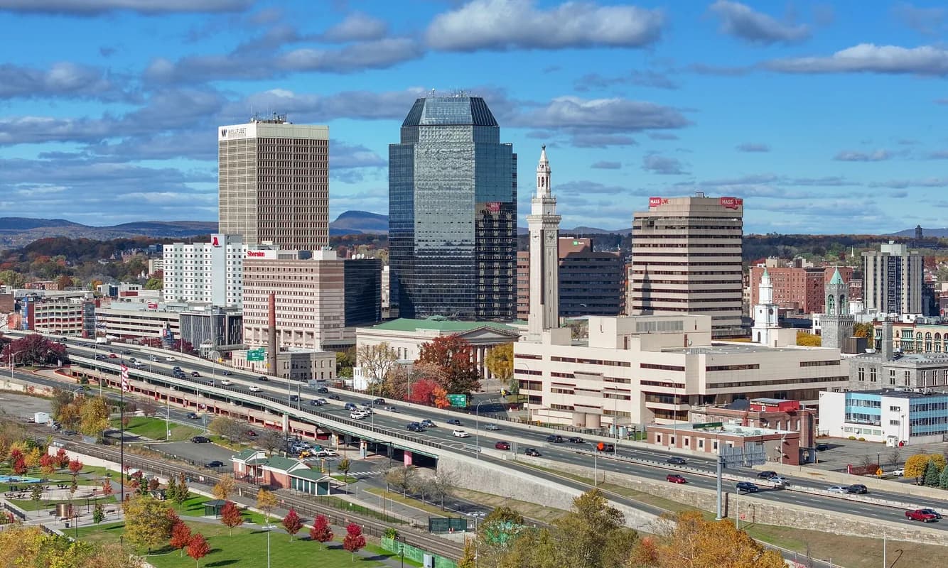 Springfield skyline over the river in Springfield, Massachusetts