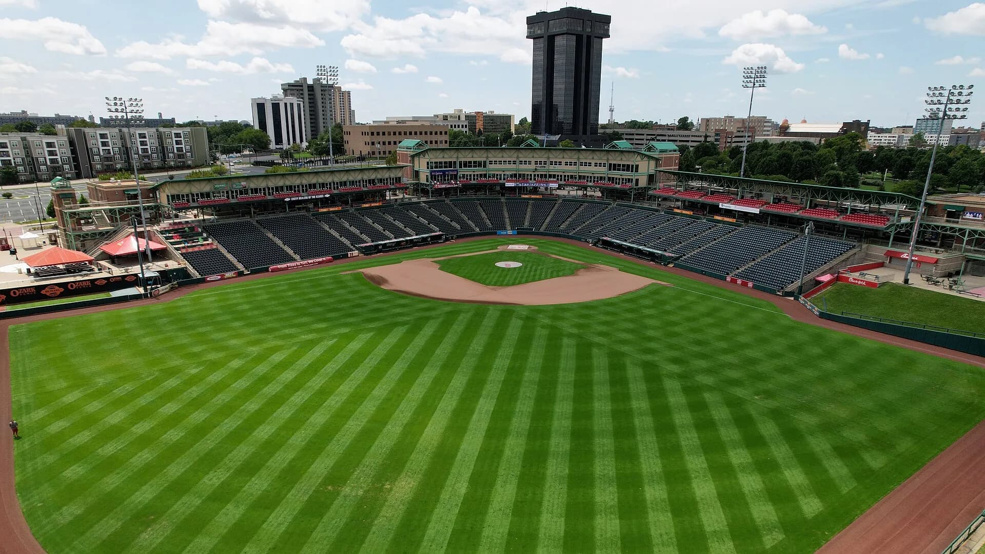Downtown skyline over Hammons Field in Springfield, Missouri