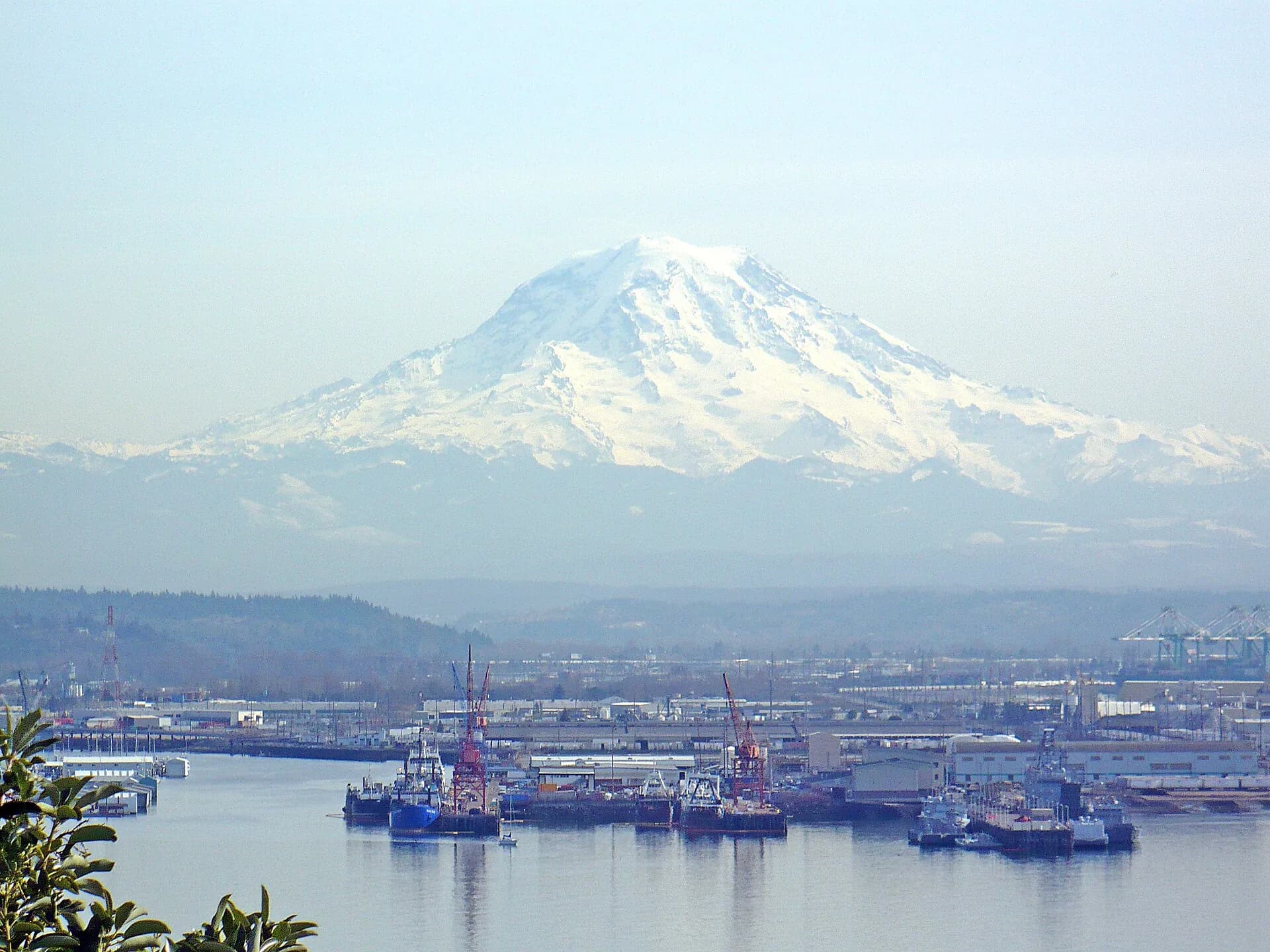 Mount Rainier over the Port of Tacoma waterfront in Tacoma, Washington