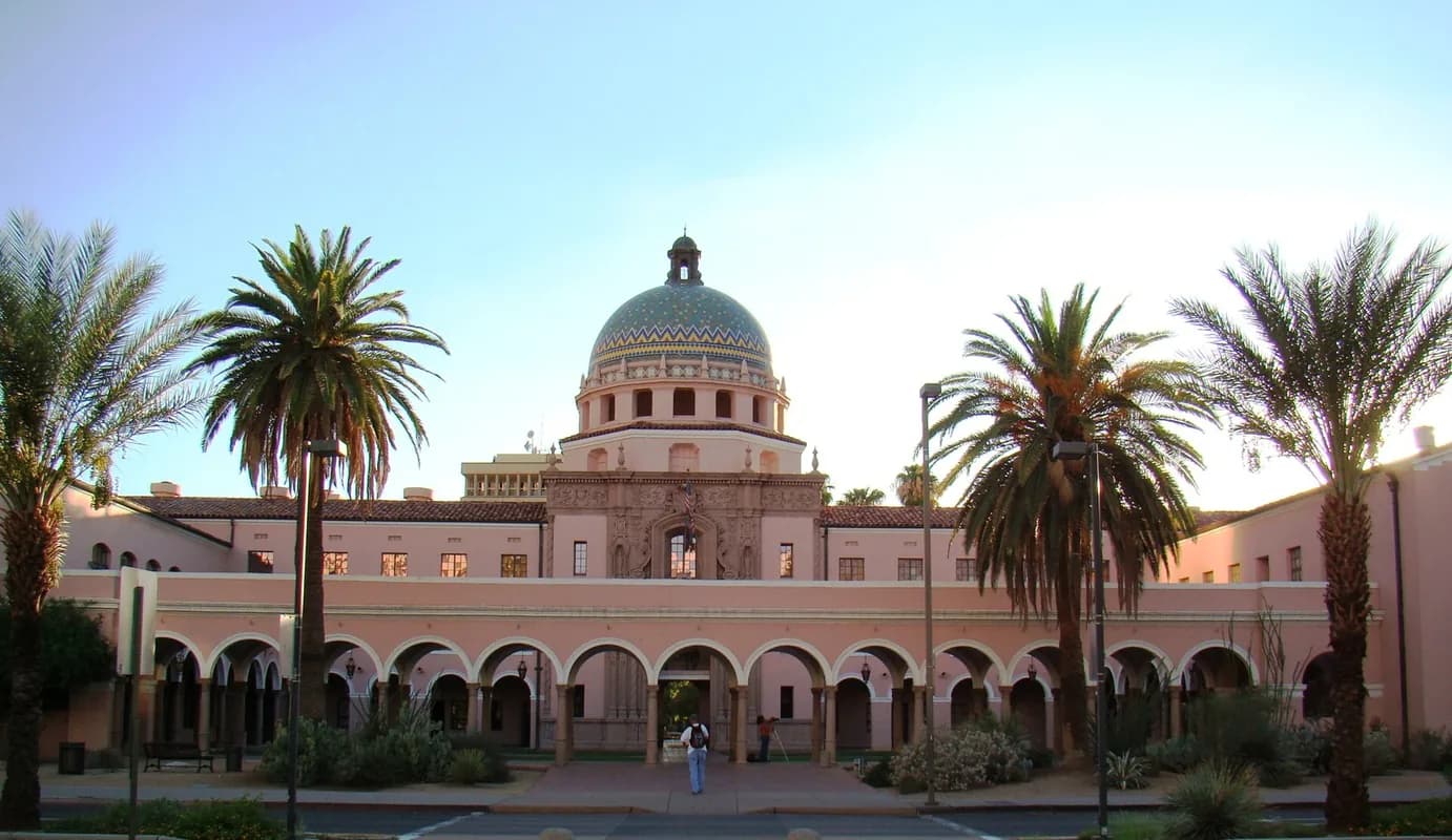 Pima County Courthouse dome with palms in Tucson, Arizona