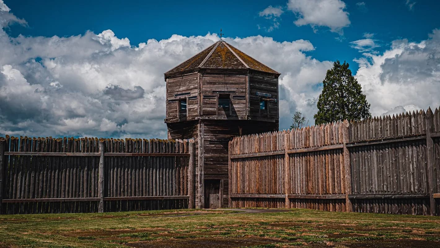 Fort Vancouver bastion and stockade under dramatic sky in Vancouver, Washington