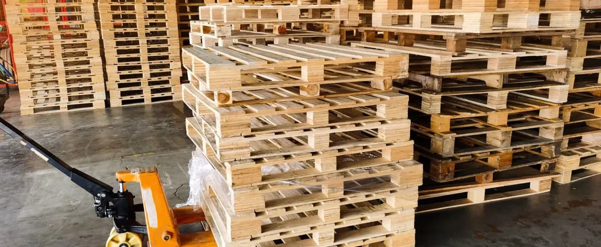 Stacks of wood pallets in a warehouse beside a pallet jack
