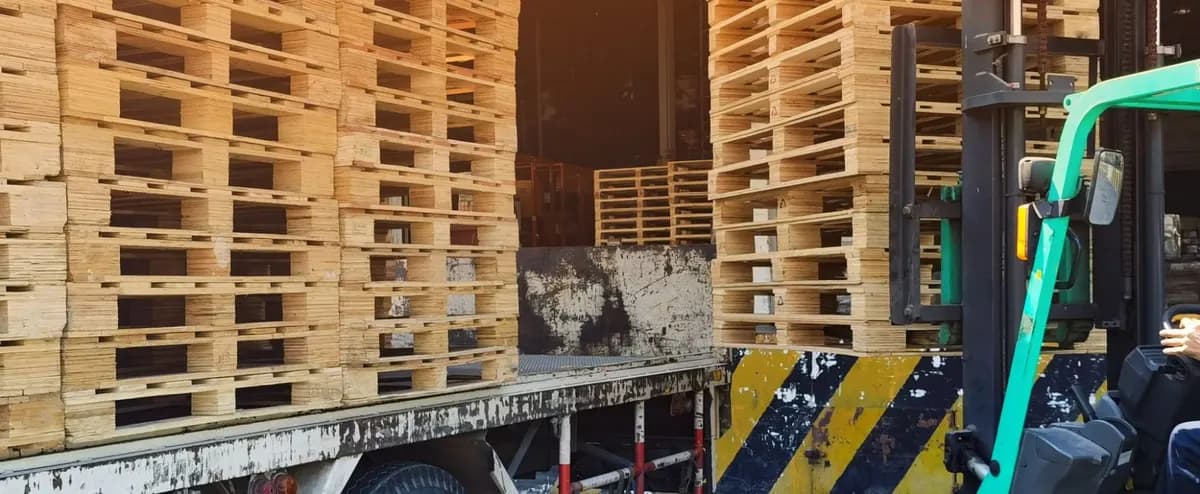 Forklift loading stacked wood pallets onto a flatbed truck