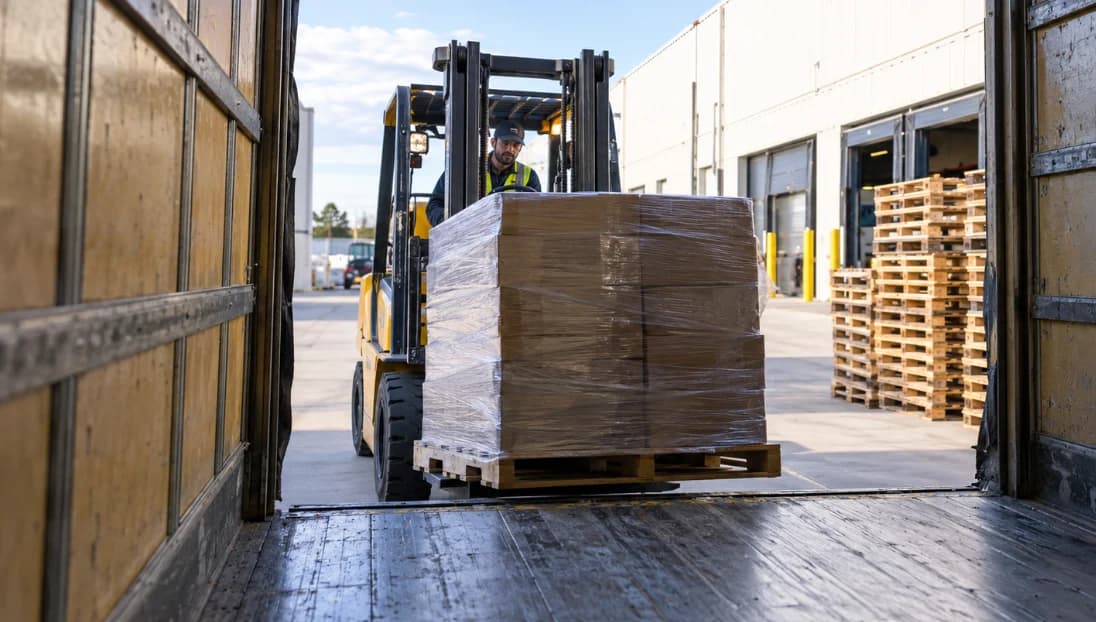 A forklift loads a wrapped pallet into a freight trailer beside a stack of empty pallets.