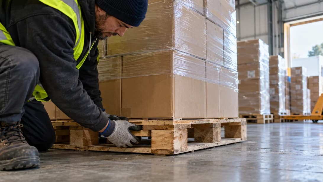 A warehouse worker checks a wooden pallet beneath stacked cartons as another worker stages freight with a pallet jack.