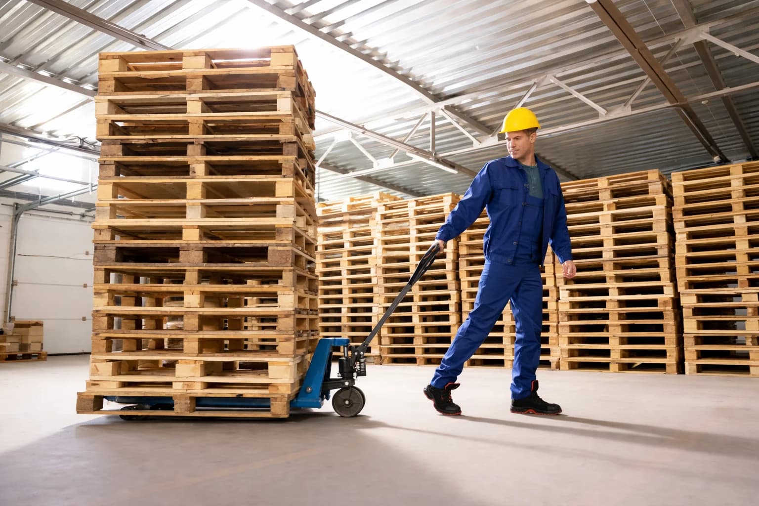 Man with pallet jack pulling pallets in a warehouse