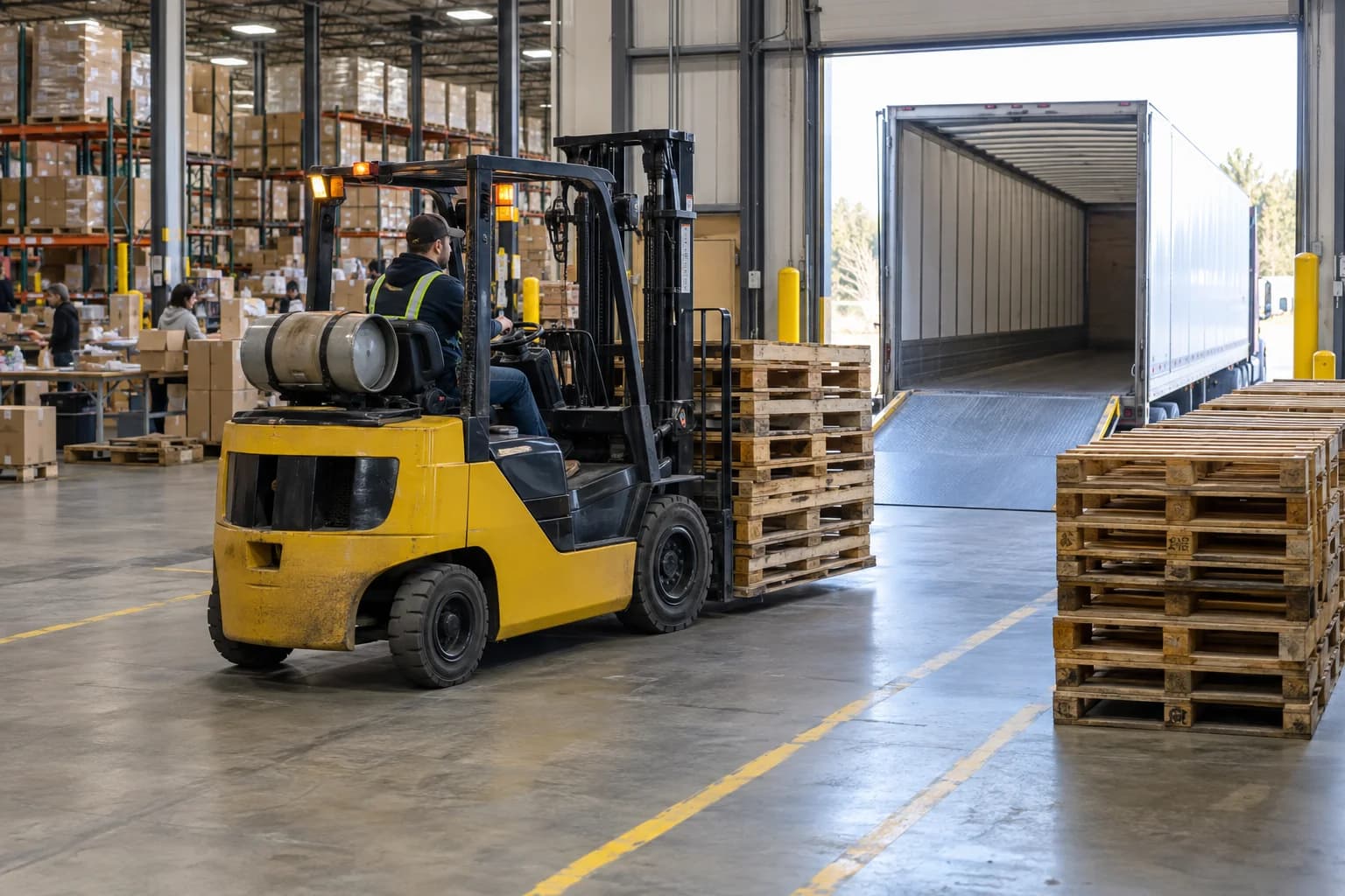Forklift operator moving used wooden pallets toward a drop trailer inside an e-commerce fulfillment warehouse.
