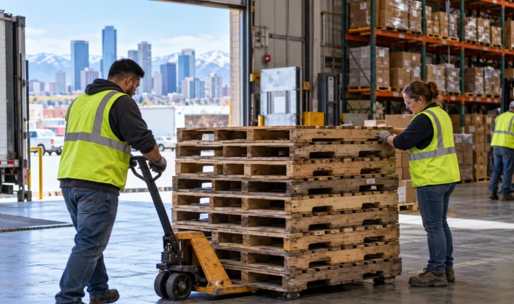 Warehouse staff sort and move a stack of empty pallets near a loading bay