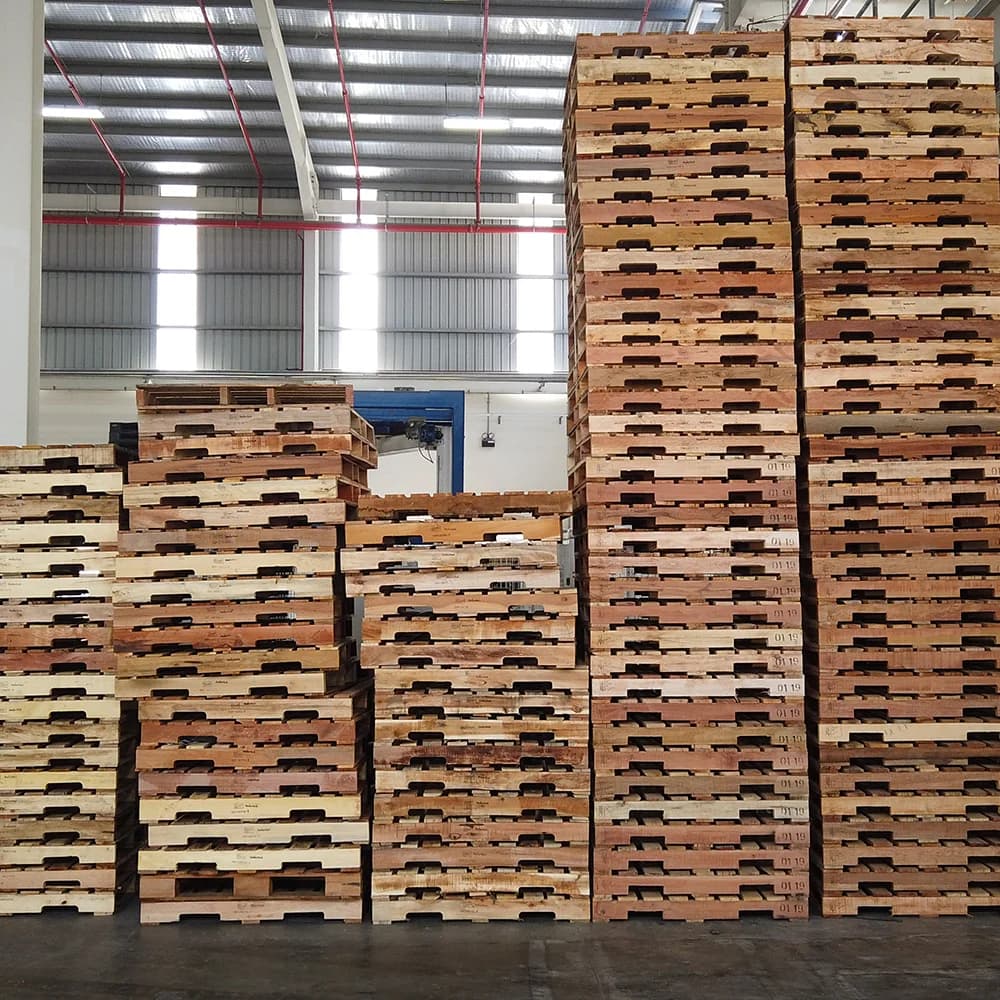 Warehouse with 48x40 wood pallets stacked and organized, side view of pallets