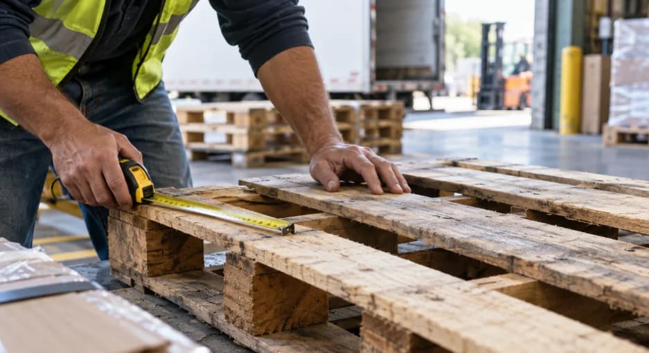 Warehouse worker measures a wooden pallet with a tape measure near a loading dock.