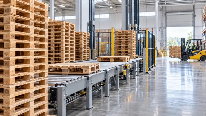 Wooden pallets moving through an automated warehouse conveyor system with stacked pallets and a forklift nearby