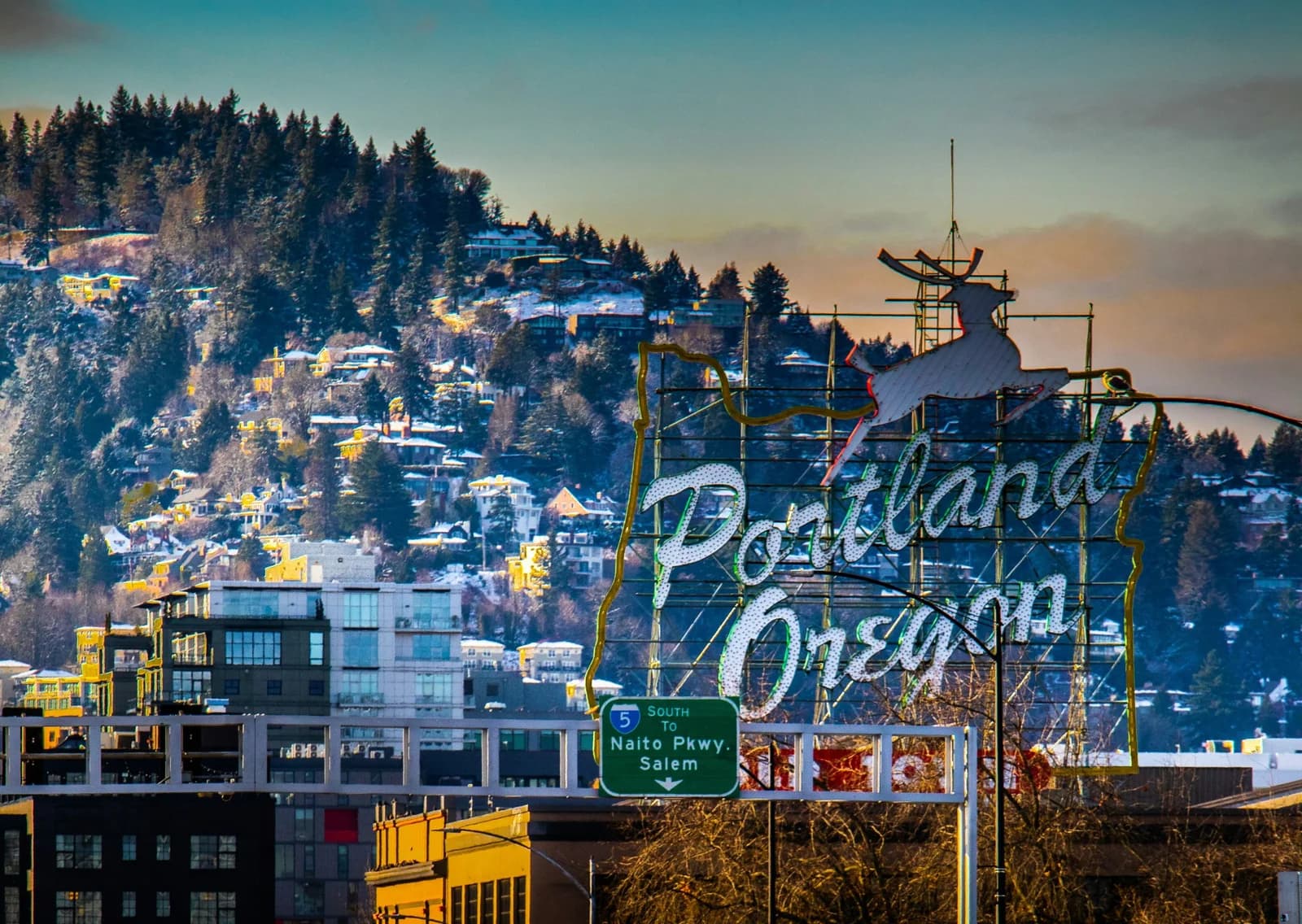 Portland oregon sign in front of a scenic hillside