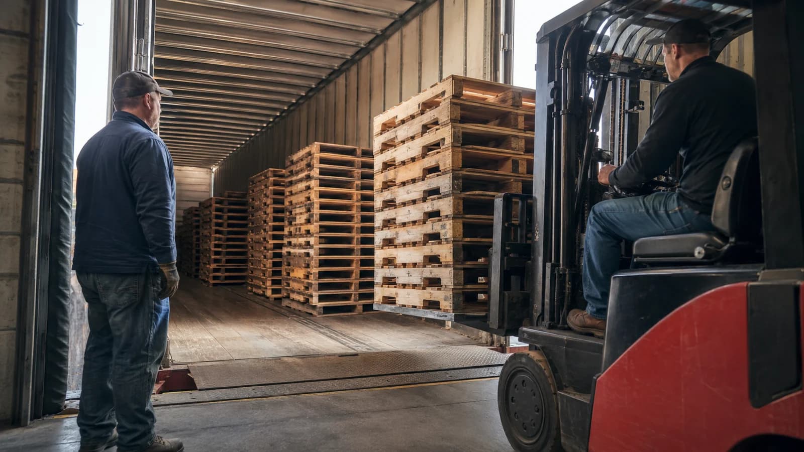 Warehouse crew moving stacked wooden pallets from the loading dock into an enclosed drop trailer.