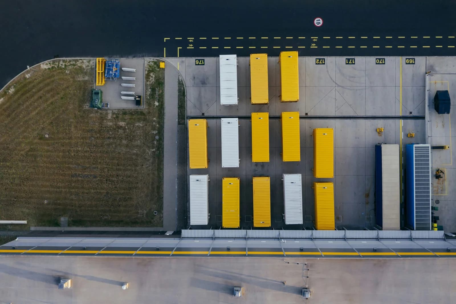 Aerial view of an import warehouse's staging area